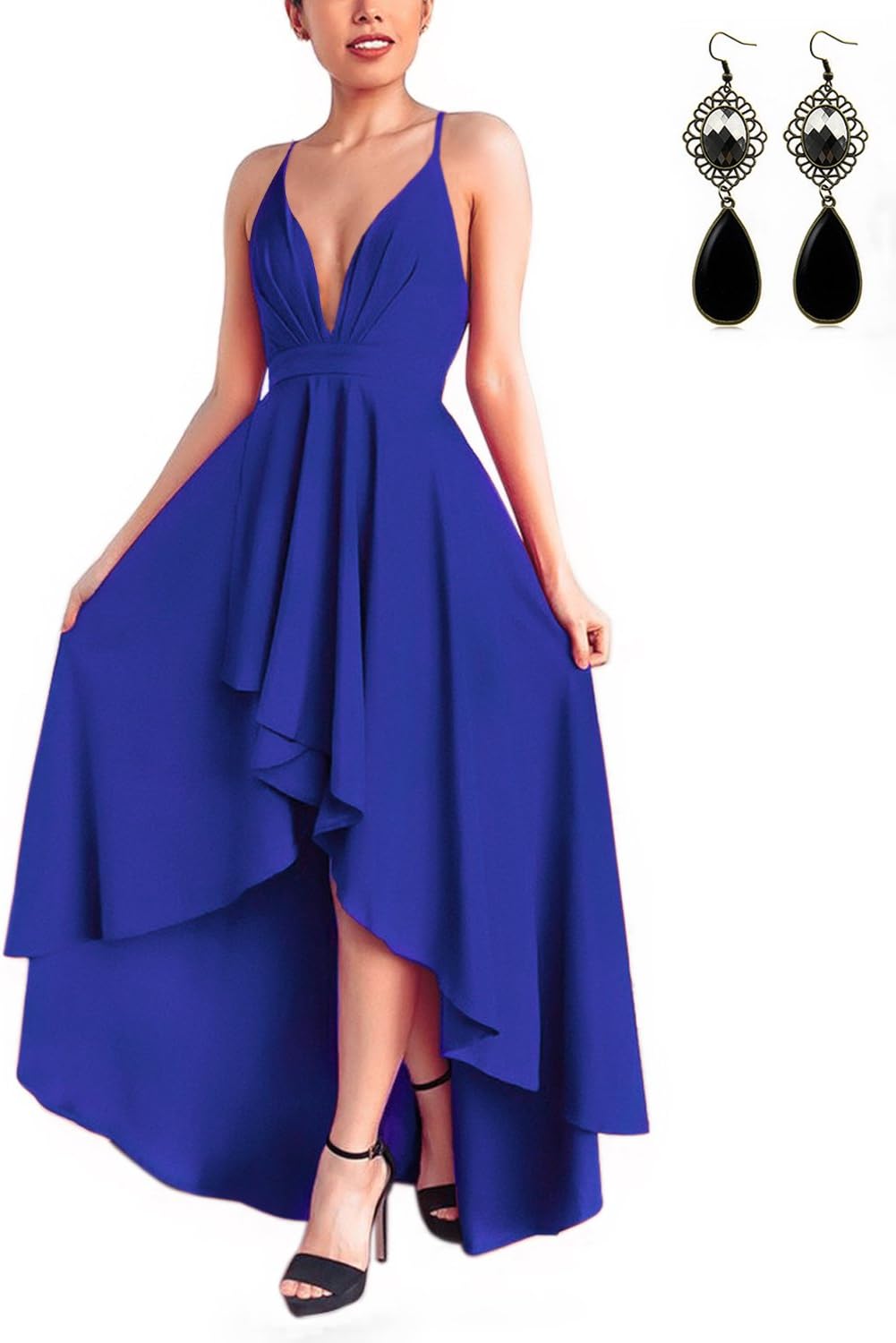 Women Sexy V Neck Asymmetrical Dress High Low Evening Party Dress Formal Prom Swallowtail Blue