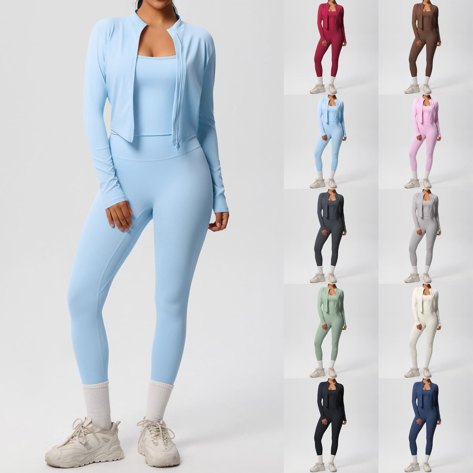 Generisch Set da allenamento da donna, 3 pezzi, a compressione, con giacca sportiva slim fit, leggings a vita alta e reggiseno sportivo, tinta unita, abbigliamento sportivo per fitness, yoga, casual