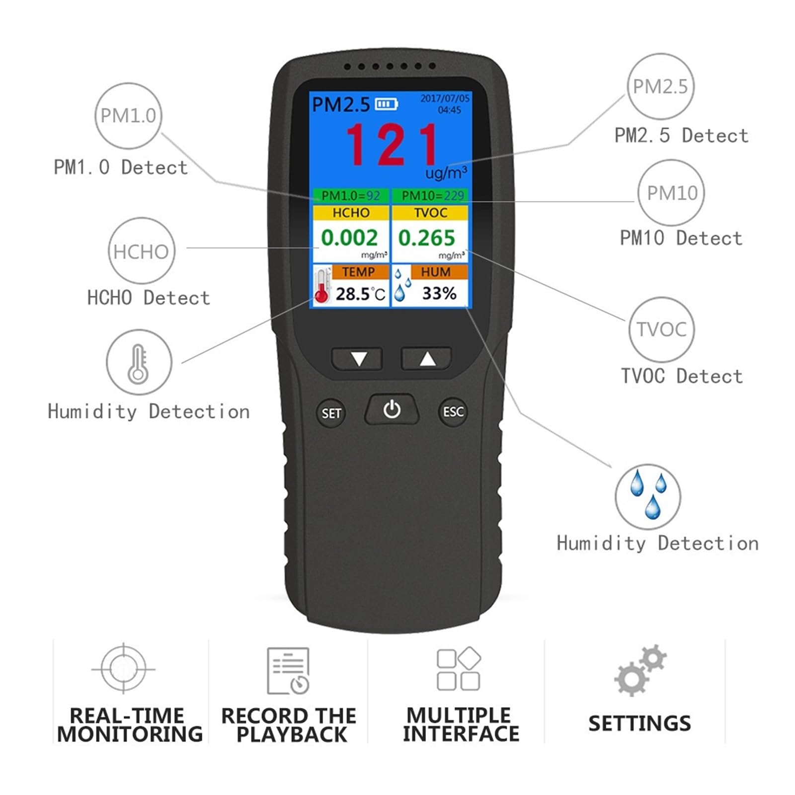 8 in 1 Monitor di qualità 'aria Rilevatore di formaldeide Misurazione professionale Formaldeide PM2.5/TVOC/HCHO Temperatura e umidità
