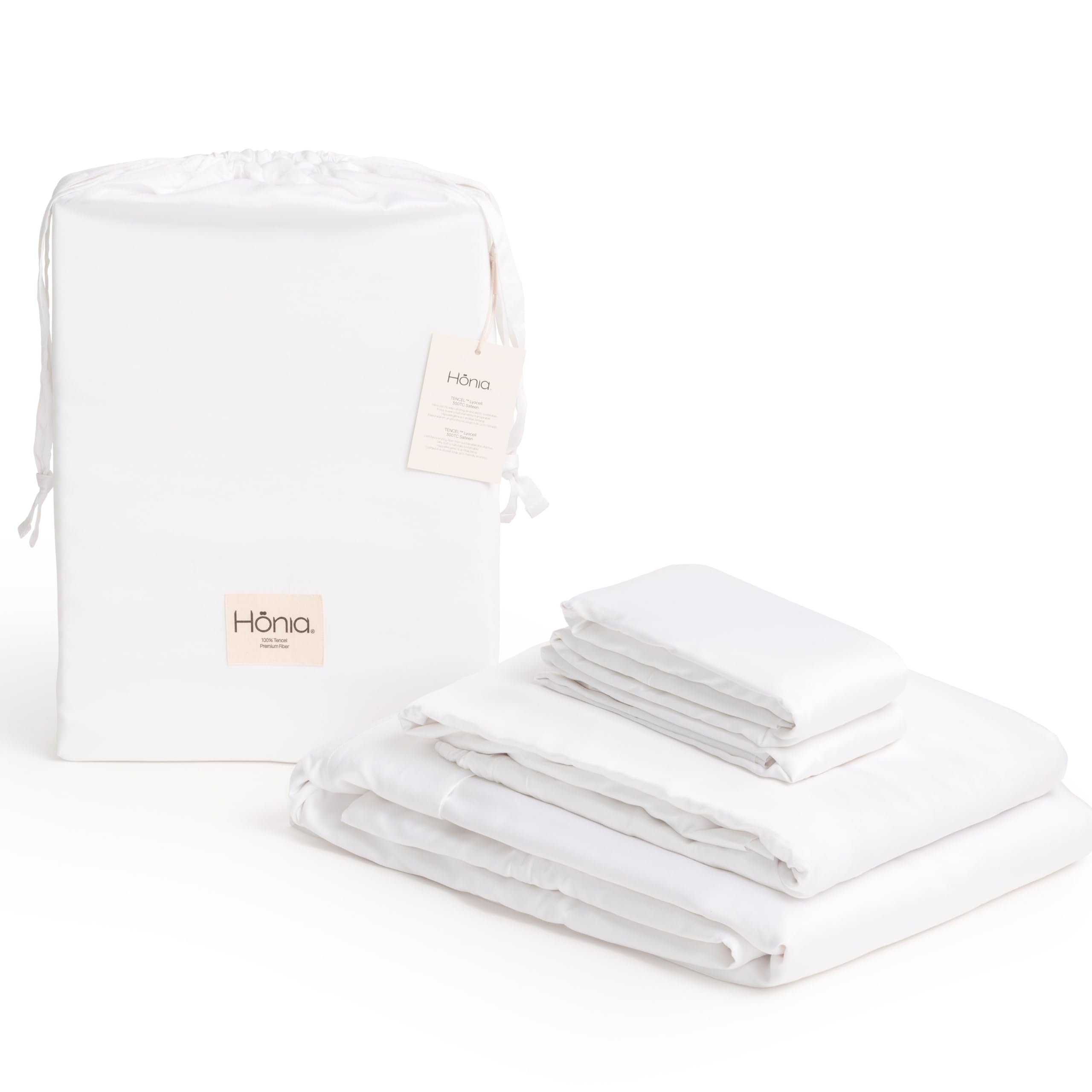Hönia Juego Sábanas 150x190/200 cm, TENCEL™ Lyocell Sateen 300TC, Blanco | Frescura y Suavidad Natural | Fibra de Eucalipto | 4 Piezas: Bajera Ajustable y 2 Fundas de Almohada