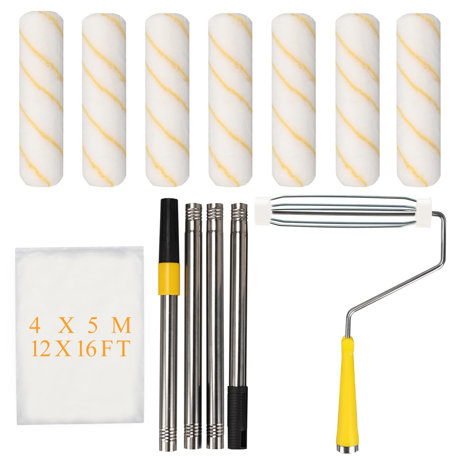 Kit de rodillos de pintura con barra de extensión de 9 pulgadas, marco de rodillo de poliéster, película protectora, herramienta de pintura versátil para todas las superficies y pinturas