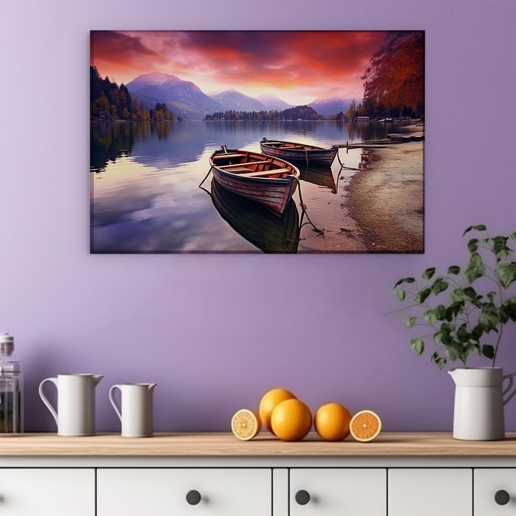 Canvas for Living room. Sunset Serenity: Boats at Rest by a Mountain Lake, 27 x 18 inch Canvas Wall Art - Contemporary Masterpieces - Modern Home Decor - 69x46 cm (27x18 inch)
