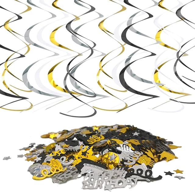 OMIGA Spiral Swirl Streamers Include Ceiling Birthday Confetti Hanging Spiral Party Decorations Foil Swirls for Birthday Party Wedding Anniversary Graduation Baby Shower 37 Pack (Black/Silver/Gold)