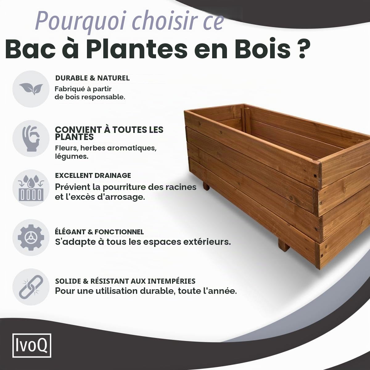 Jardinière en bois 80 x 40 x 32 cm – Bois d'épinette massif FSC – Résistante aux intempéries avec drainage et sac non tissé