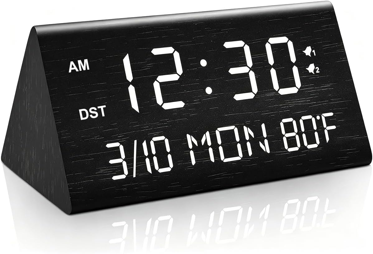Photo 1 of Kogonee Wooden Digital Alarm Clock, 0-100% Dimmer, 2 Alarm Settings, Weekday/Everyday Mode, 9 Mins Snooze, 12/24H, Temperature and Date Display for Office, Travel, Bedroom Alarm Clock (Black)