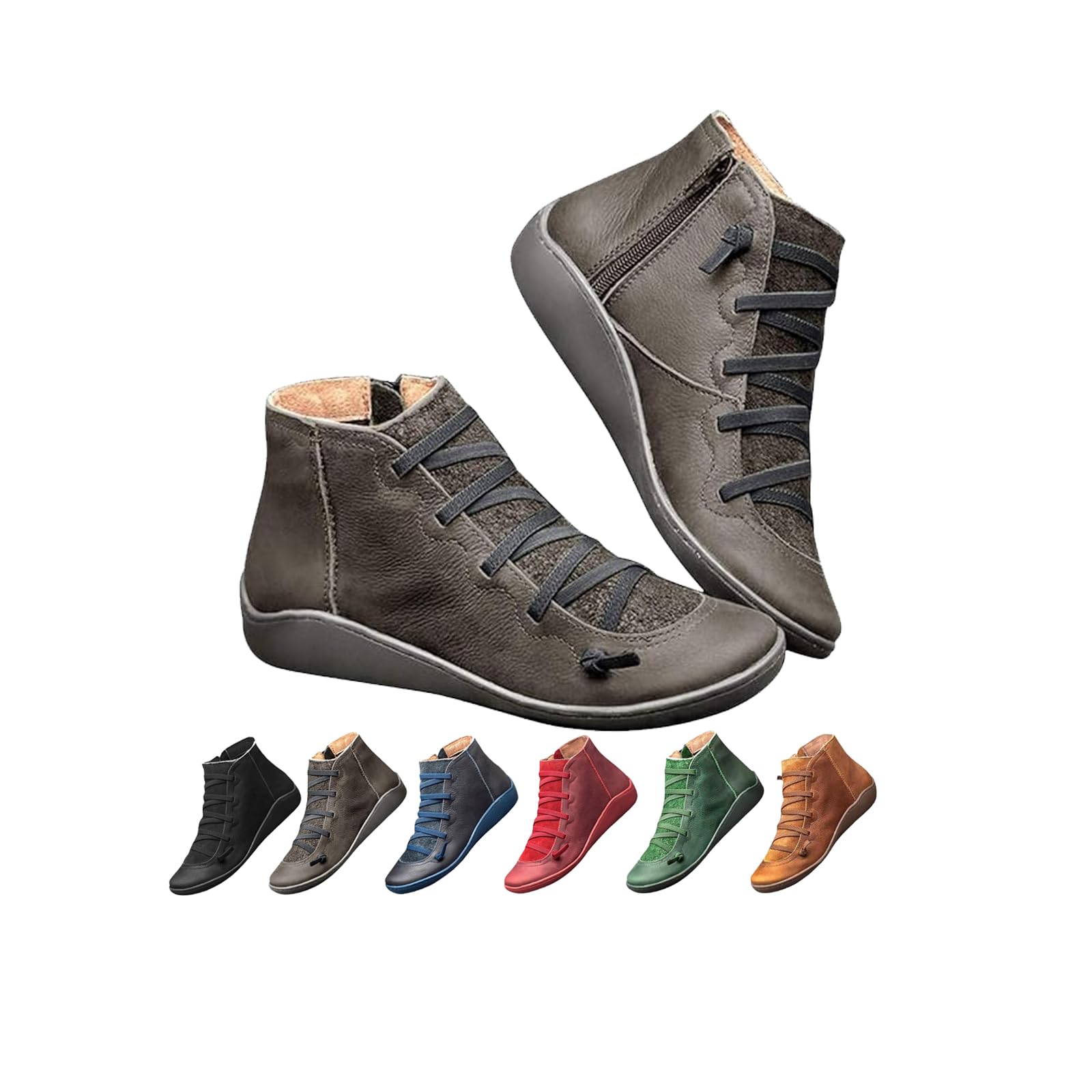 Womens Vintage Casual Short Ankle Boots Arch Support No Heel Lace Up Side Zipper Retro Leather Booties Comfy