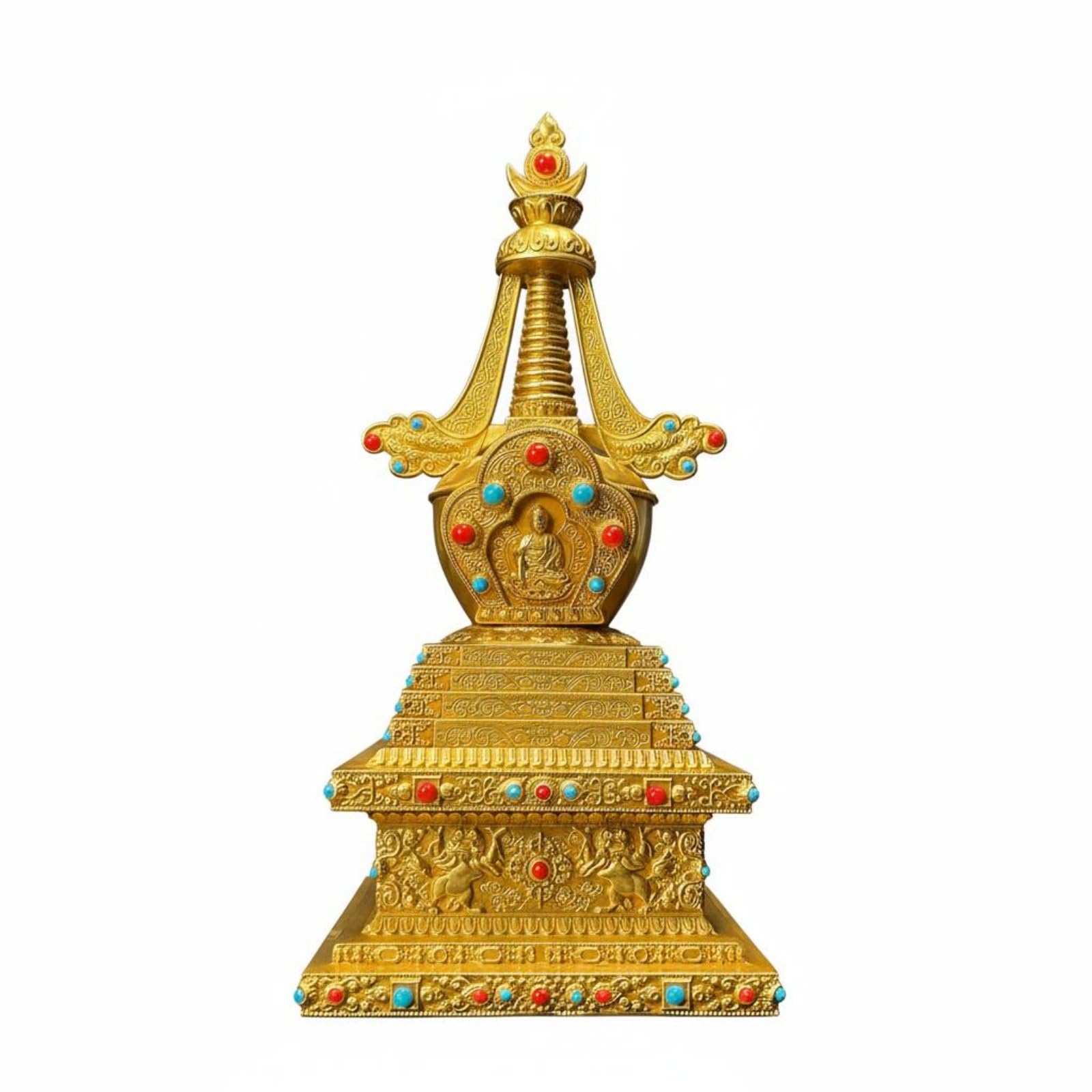 Gralara Pagoda Budista Stupa Torre Estatua Escultura en Latón Hecha a Mano con Grabados E Incrustaciones Símbolo con Buda Sentado Adecuada para Altar, 15cm 15cm 31cm, Torre Shenbian