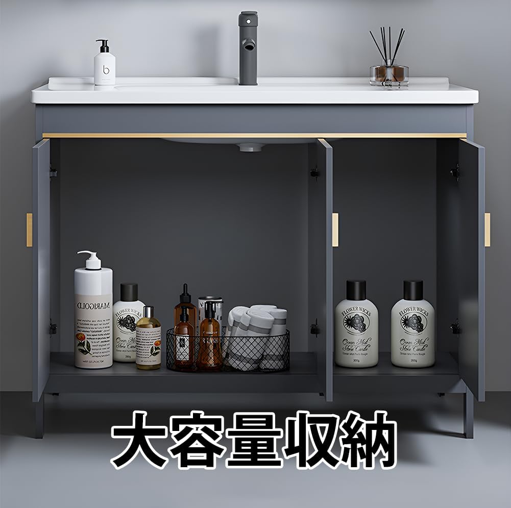 PFLife 洗面化粧台 洗面台 陶器製 幅60cm 幅75cm 扉付き収納 組立簡単 洗面ボウル付 省スペース 混合水栓 (ミラー