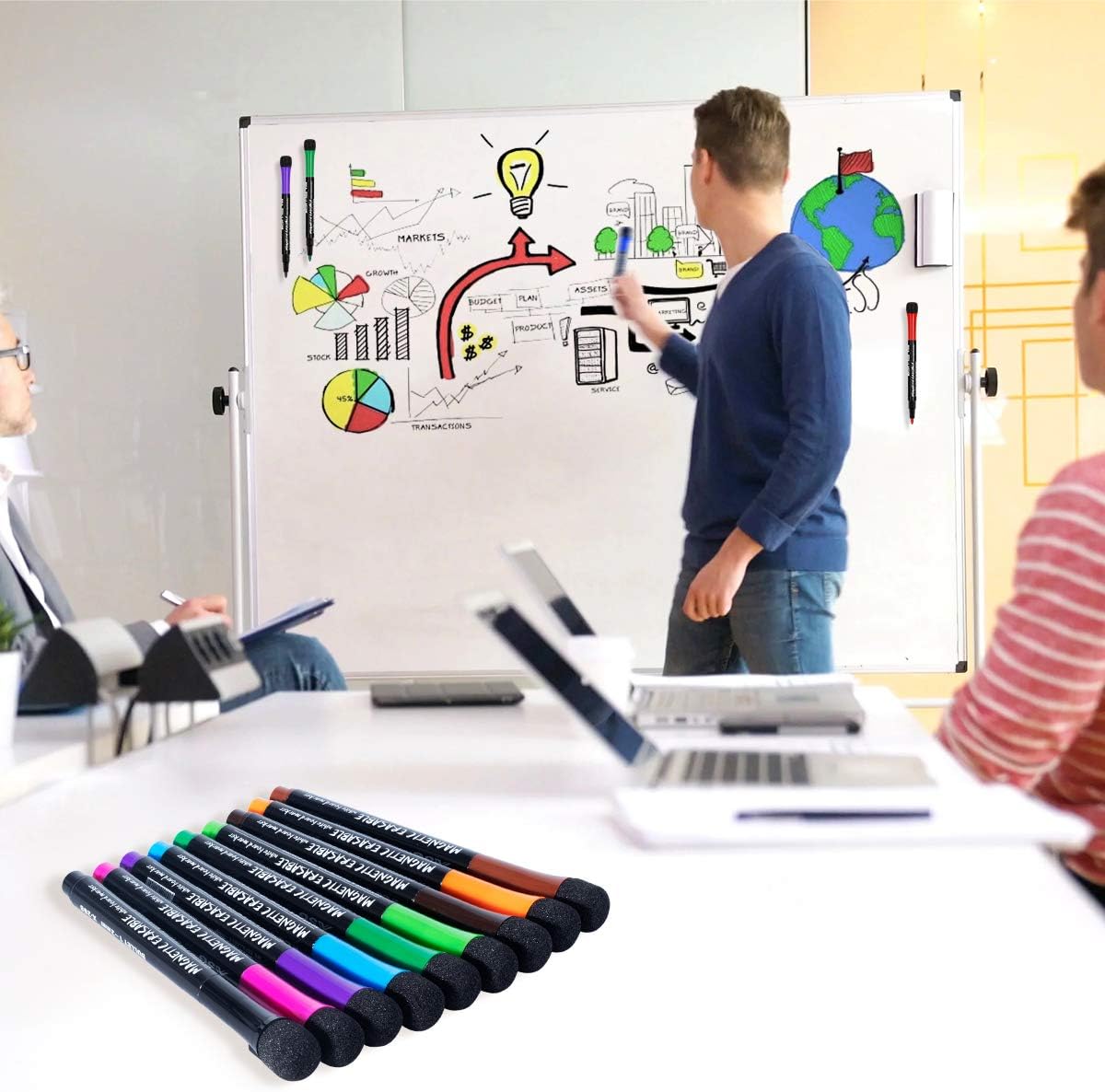 Whiteboard Pens: 12 Magnetic Whiteboard Pens and Eraser Set, Fine Tip Whiteboard Markers, Dry Wipe Markers for Kids and Adults
