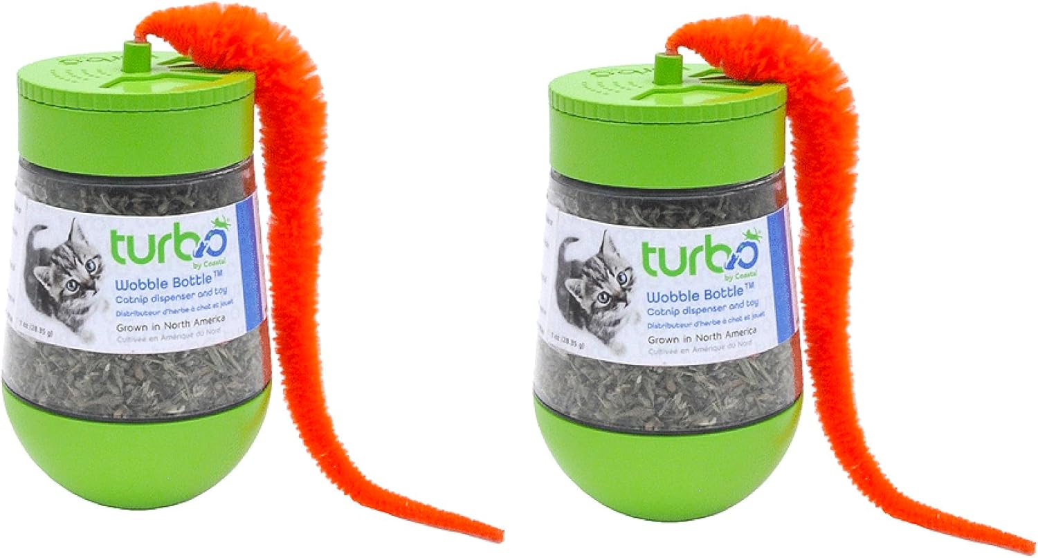 Cat Toy Interactive Catnip Dispensing Feather Top Wobble Bottle Feline Kitty Fun (Two Wobble Bottles)