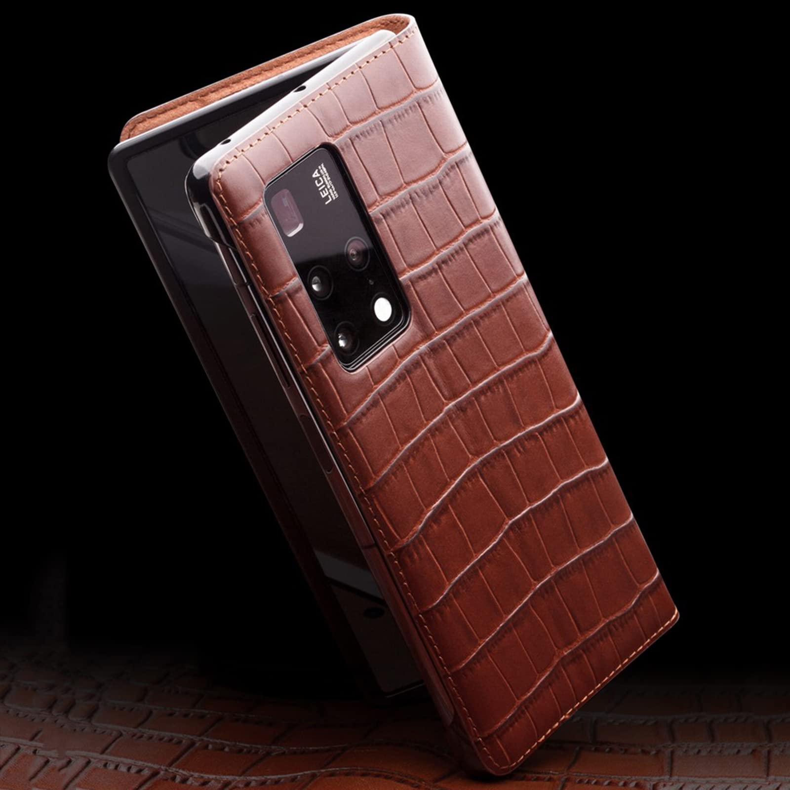 Etui kompatybilne z Huawei Mate X2, prawdziwa skóra pokrowiec z klapką przezroczysty widok okno podpórka inteligentny sen/budzenie magnetyczne zamknięcie, skórzane etui do Huawei Mate X2, czarne