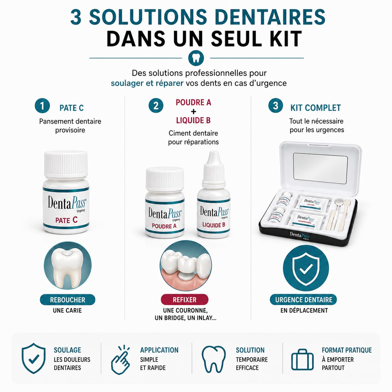 Kit Urgence Dentaire Indispensable – Pansement Dentaire & Ciment Dentaire – Soulage les Douleurs Dentaires – Réparation Dentaire Provisoire – Certifié CE – Entreprise Française (Français)