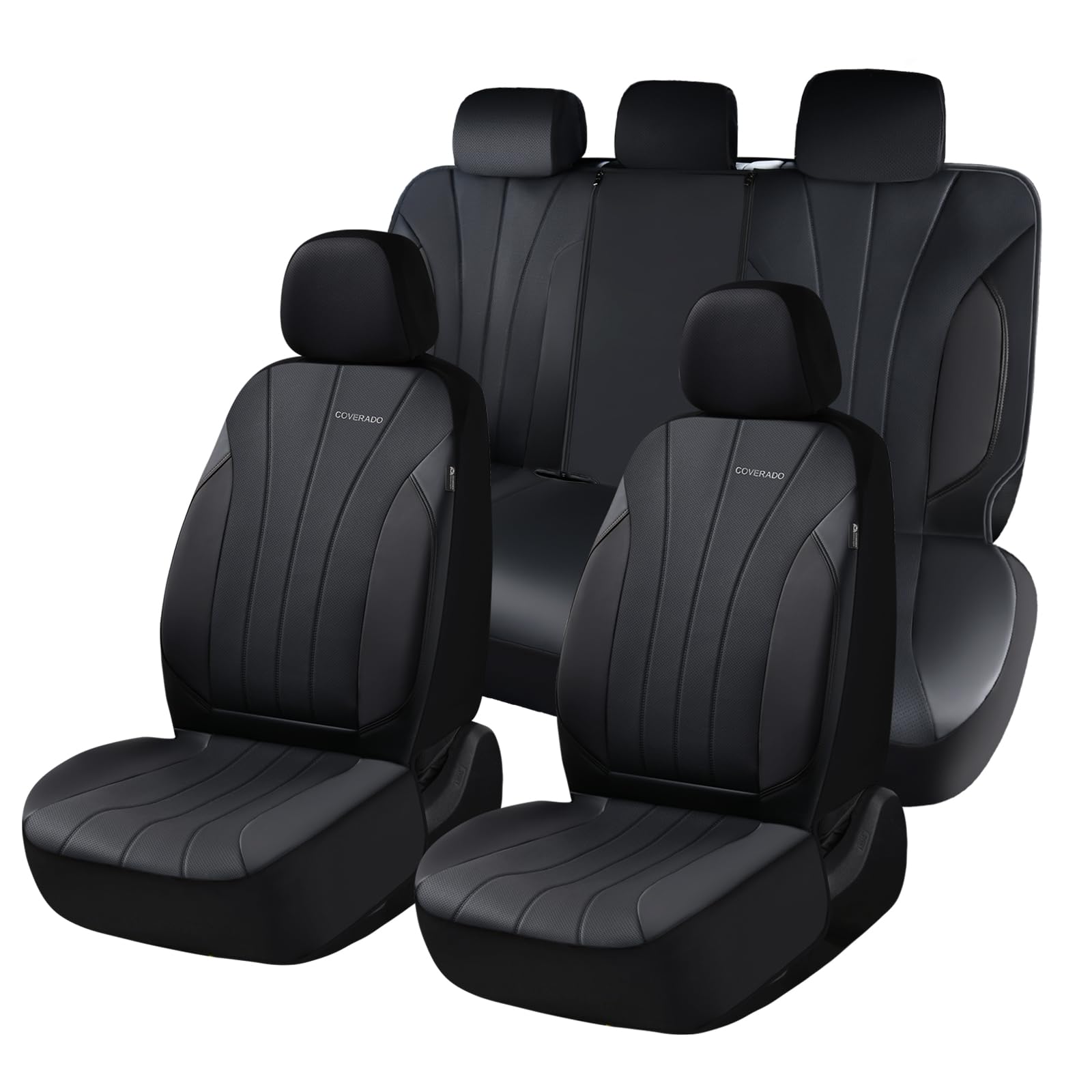 Coverado Automotive Front and Rear Seat Covers, Car Seat Covers Full Set, Leather Car Seat Covers Full Set 5 Seats, Airbag-Compatible, Spill-Proof Design, Black Seat Covers for SUV Sedan Truck