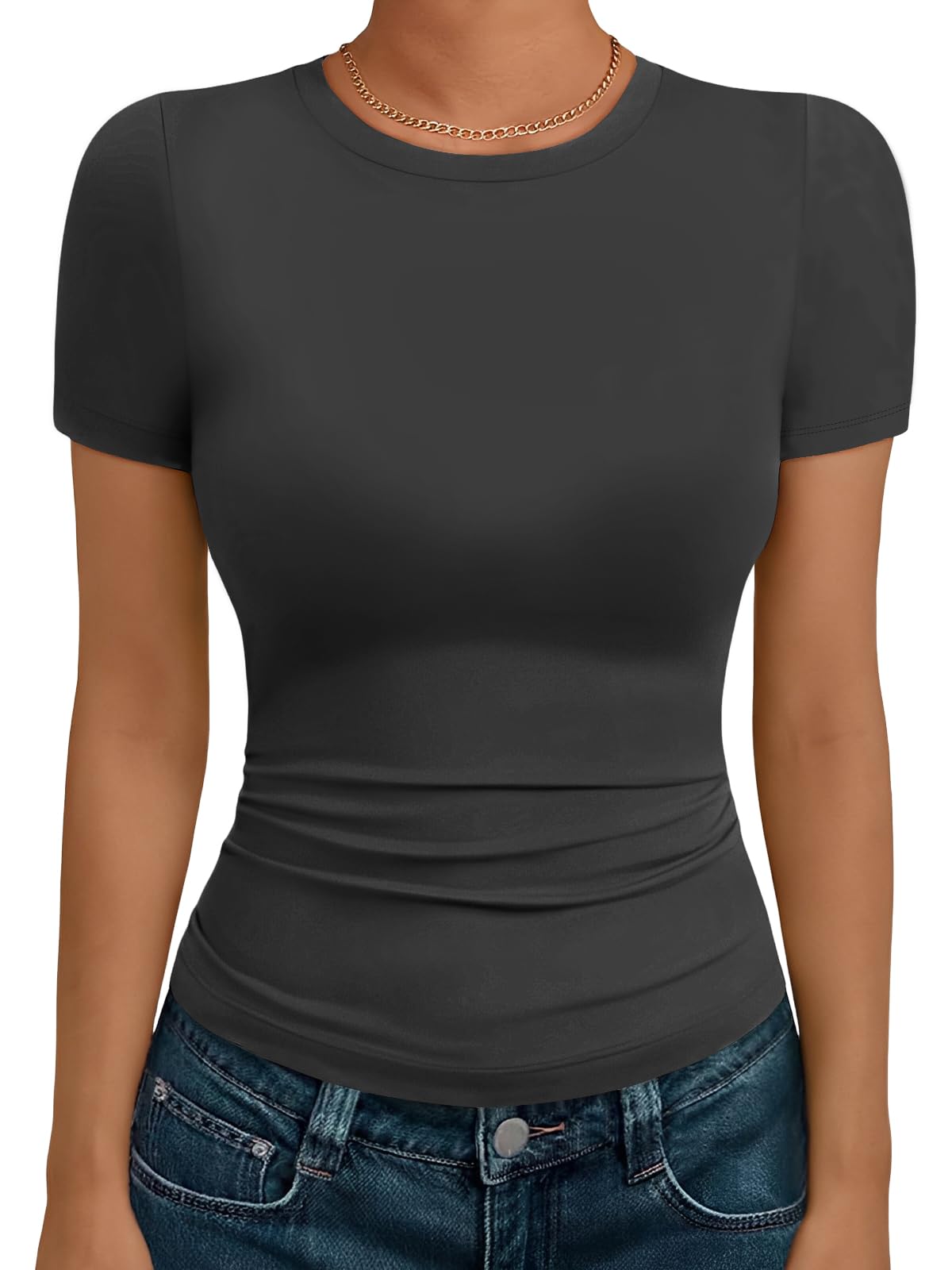 Cuptacc Tshirt Damen Basic Rundhals Sommer Kurzarm T-Shirt Modal Slim Fit Dehnbar Casual Einfarbig Oberteile