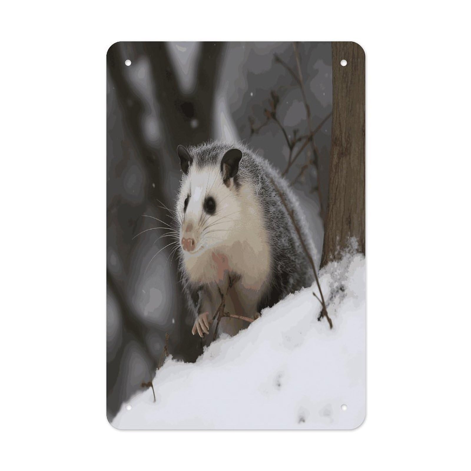 LDGSUPH Opossum In Snow Wall Art Prints Folded Edge Iron Sheet Painting with Holes for Wall Prints Decorative Picture Metal Signboard Decor Painting for Outdoor Indoor Wall Decor