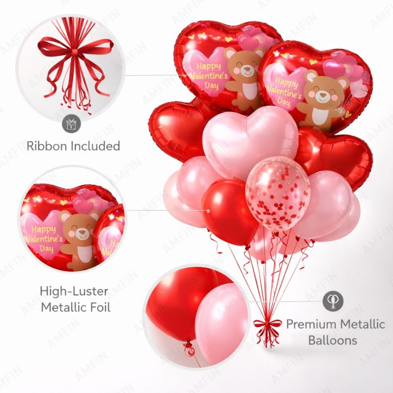 Image of AMFIN (Pack of 14) Happy Valentine's Day Balloon Decoration Set | Romantic Heart Foil Bouquet Metallic Helium Bunch Proposal Anniversary Celebration Party Decor - Red Teddy