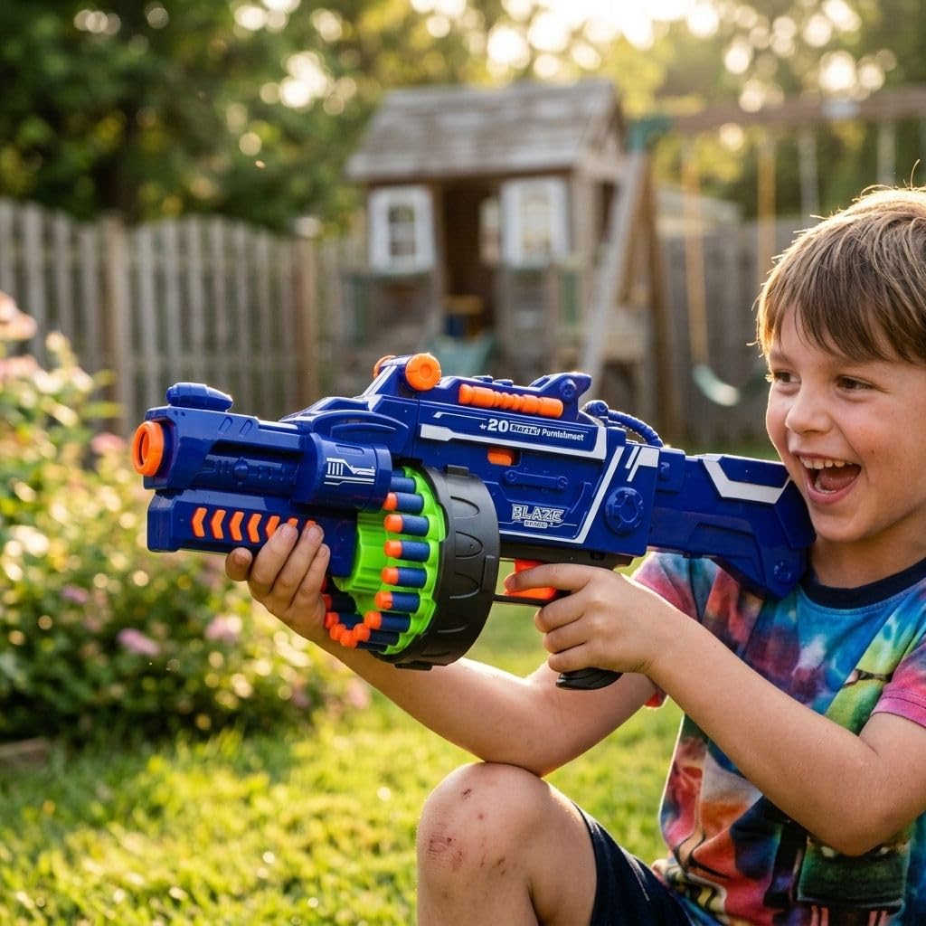 Elektryczny pistolet do zabawek Blaze Storm, 40 rzutek piankowych | Certyfikat CE, zasilanie 5 bateriami AA, automatyczna obrotowa strzelanka do celu, strzelanka