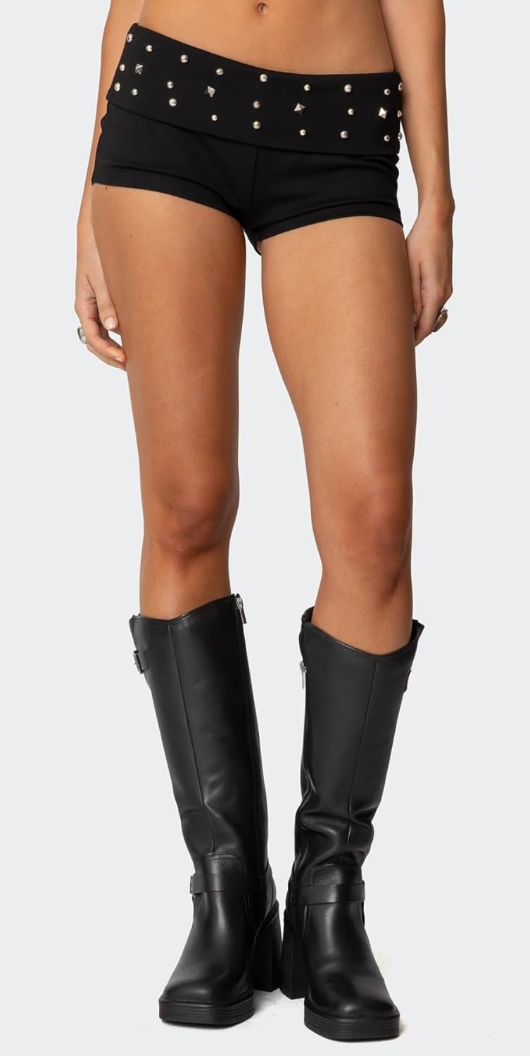 Women Studded Fold Over Micro Shorts Elastic Low Rise Rivet Embroidered Mini Shorts Y2K Punk Foldover Boxers - Image 4