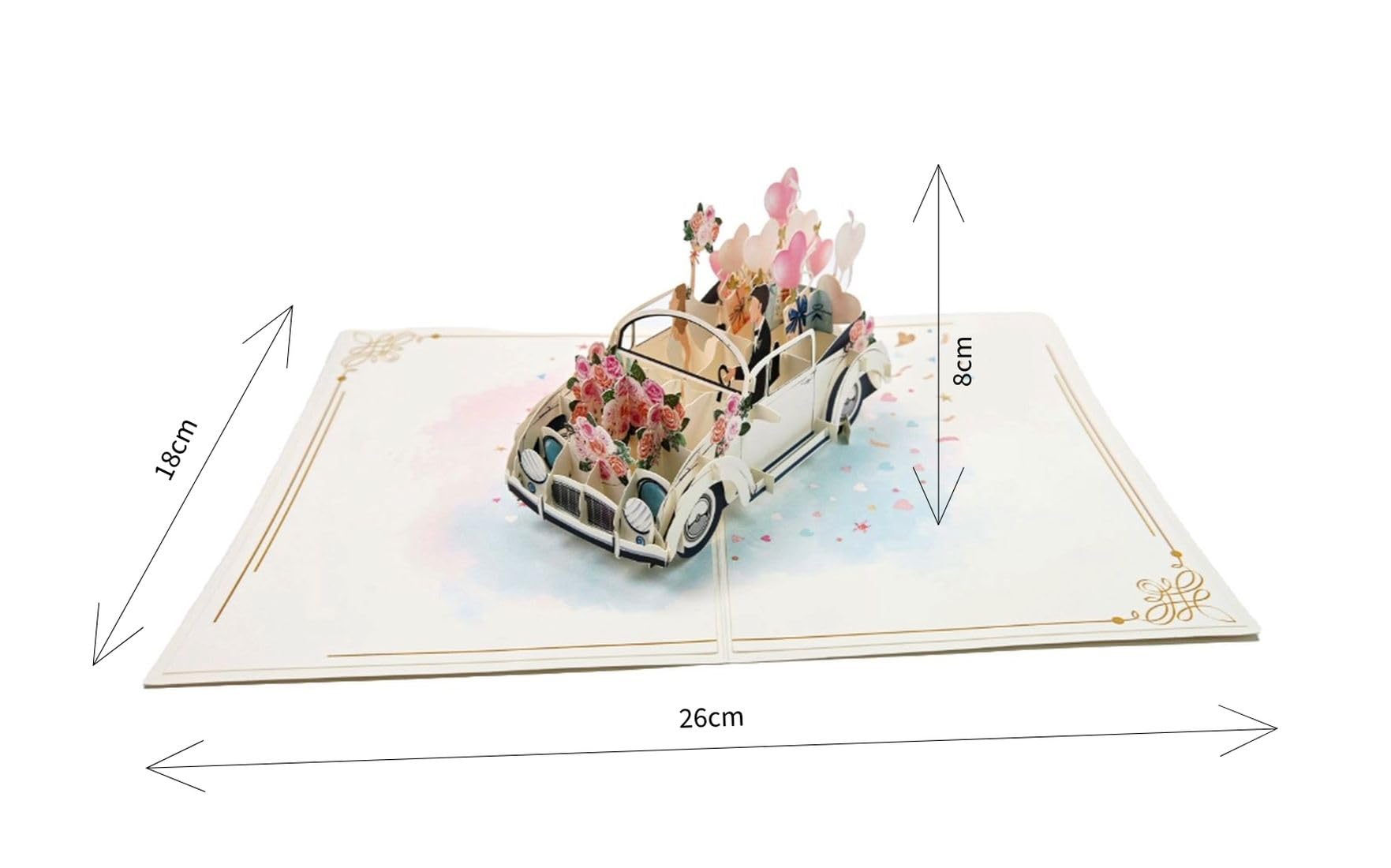 Biglietto di auguri pop-up 3D per matrimonio – Auto con sposi e palloncini – 13 x 18 cm con busta