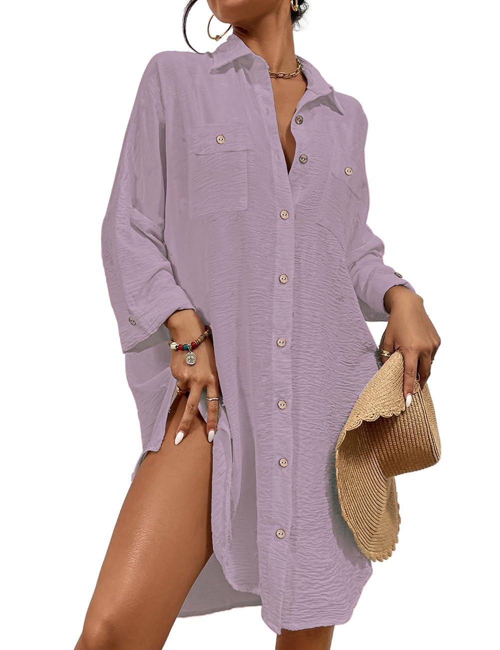 Women's Swimsuit Coverup Shirt Dress Button Down Swimsuit Cover Up Beachwear, B-purple., M-image-48