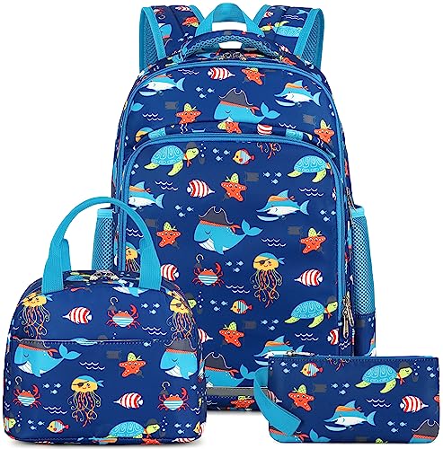 Kids Backpack Boys Elementary Bookbag Set 3 Pcs Waterproof Kindergarten School Bag with Insulated Lunch Tote Box and Pencil Pouch for Primary