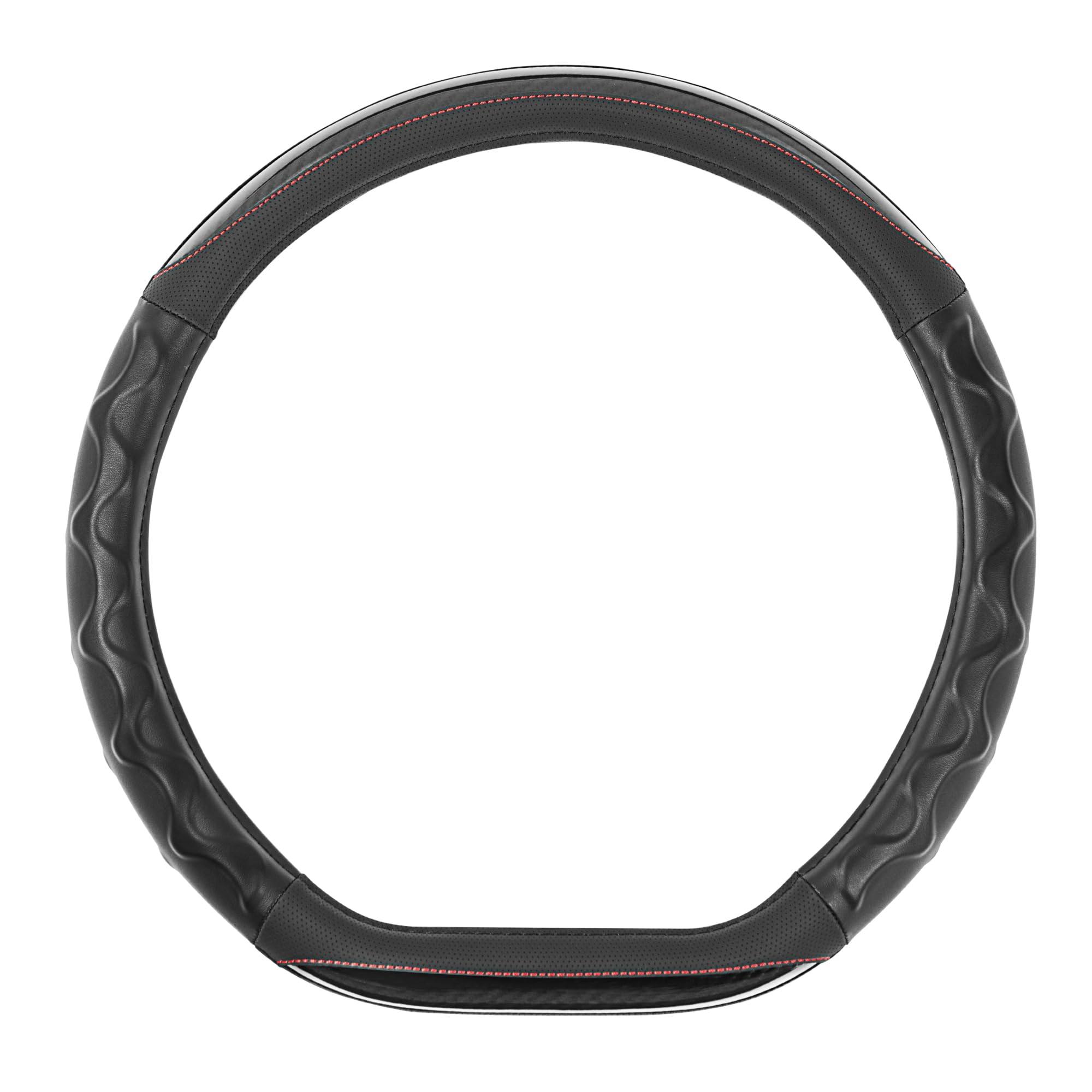 Motor Trend Redline D-Shaped Steering Wheel Cover - Premium Flat Bottom Car Steering Wheel Cover, Black Faux Leather Sterring Wheel Cover, Standard 15 inch