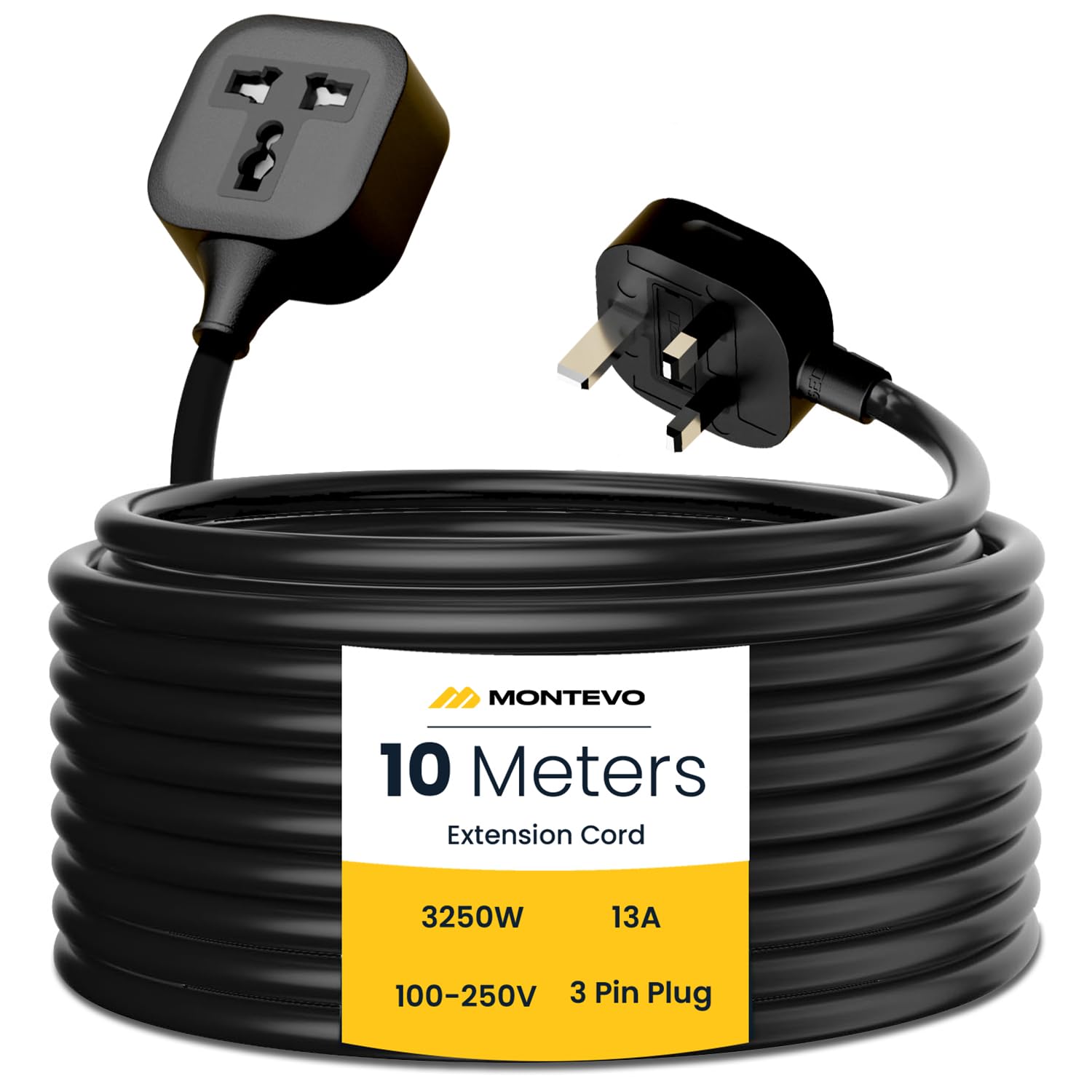 10M Power Extension Cord, 10 Meters Universal Electric Cable Extender, 1 Way Single Socket, 13A 250V 3250W Plug Wire for Home & Office Use (10M)