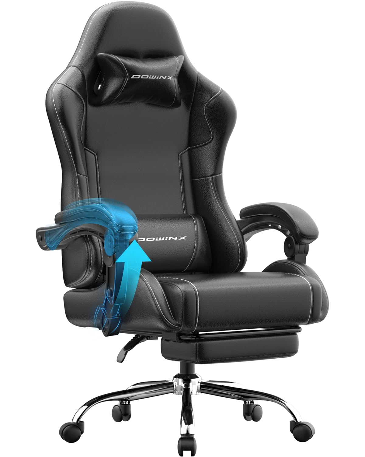 Dowinx Fotel gamingowy, fotel biurowy, do masażu, z podłokietnikami o regulowanej wysokości, ergonomiczne krzesło dla graczy z podnóżkiem, wyściełane krzesło gamingowe, nachylenie o 150°, do 180 kg