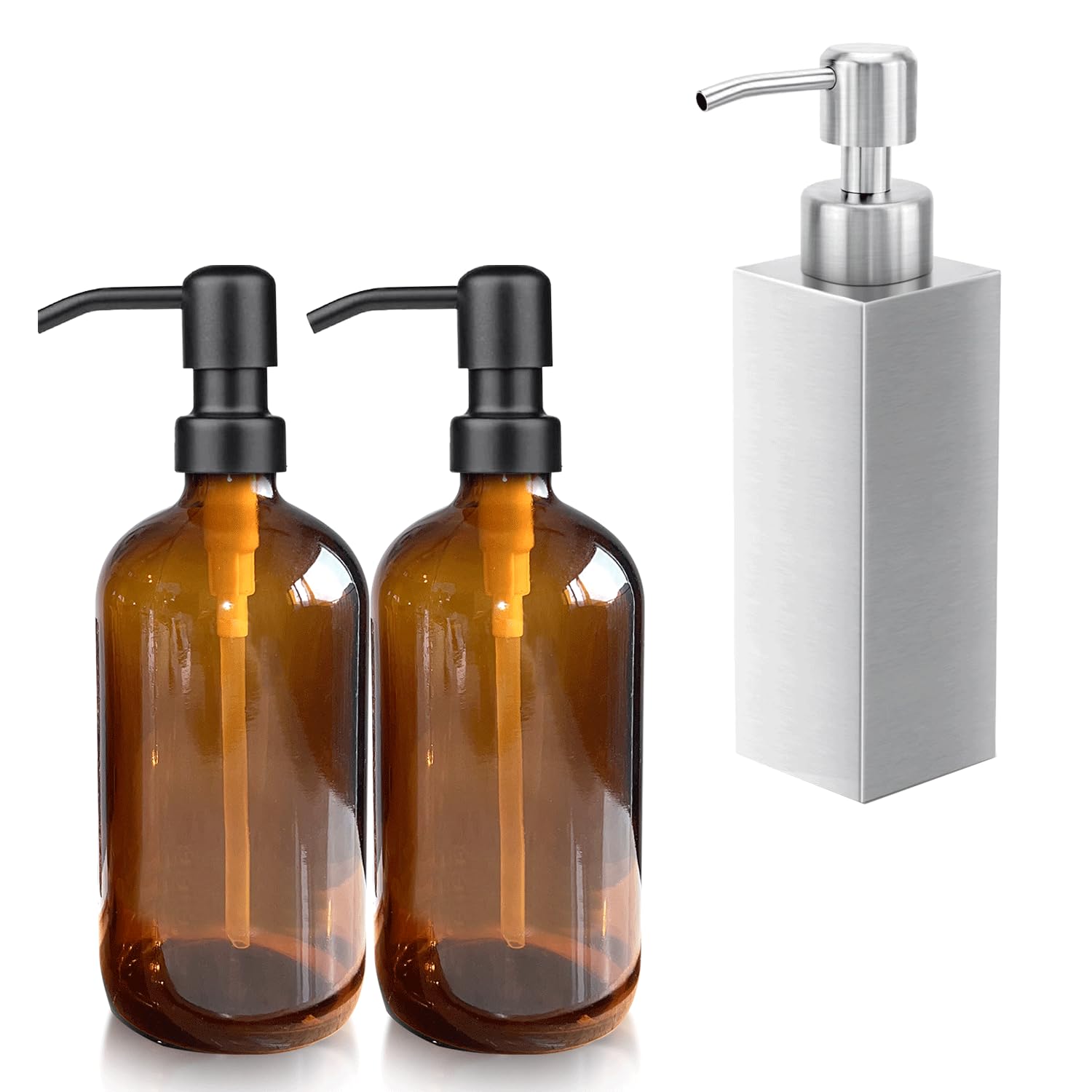2 Pack Amber Glass Soap Dispenser with Black Pump & Stainless Steel Soap Dispenser Square