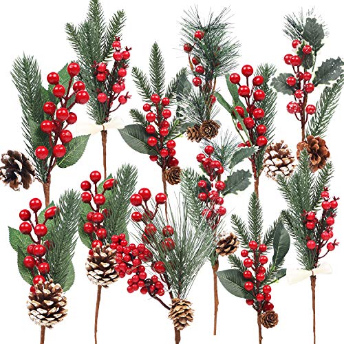DR.DUDU 12 Pack Artificial Berry Twigs for Christmas Tree Decoration, DIY Christmas Red Berry Stems for Crafts Wreath Garland Ornaments, 6 Designs
