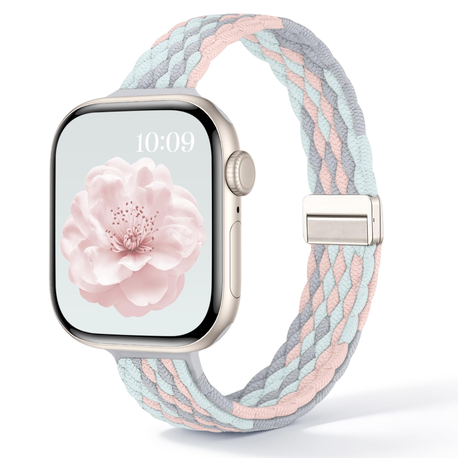 Geflochtenes Band Kompatibel mit Apple Watch Armband Magnetverschluss Damen | Schmales NylonArmband mit Magnetverschluss passend für iWatch SE,Series 3 4 5 6 7 8 9 10 11 12,Größen 38/40/41/42/44/45/46mm