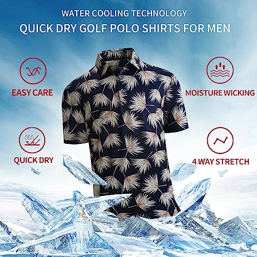 SAMERM Mens Golf Shirt Short Sleeve Print Performance Moisture Wicking Dry Fit Polo Shirts for Men,NavyPalmleaf XXL — view 2