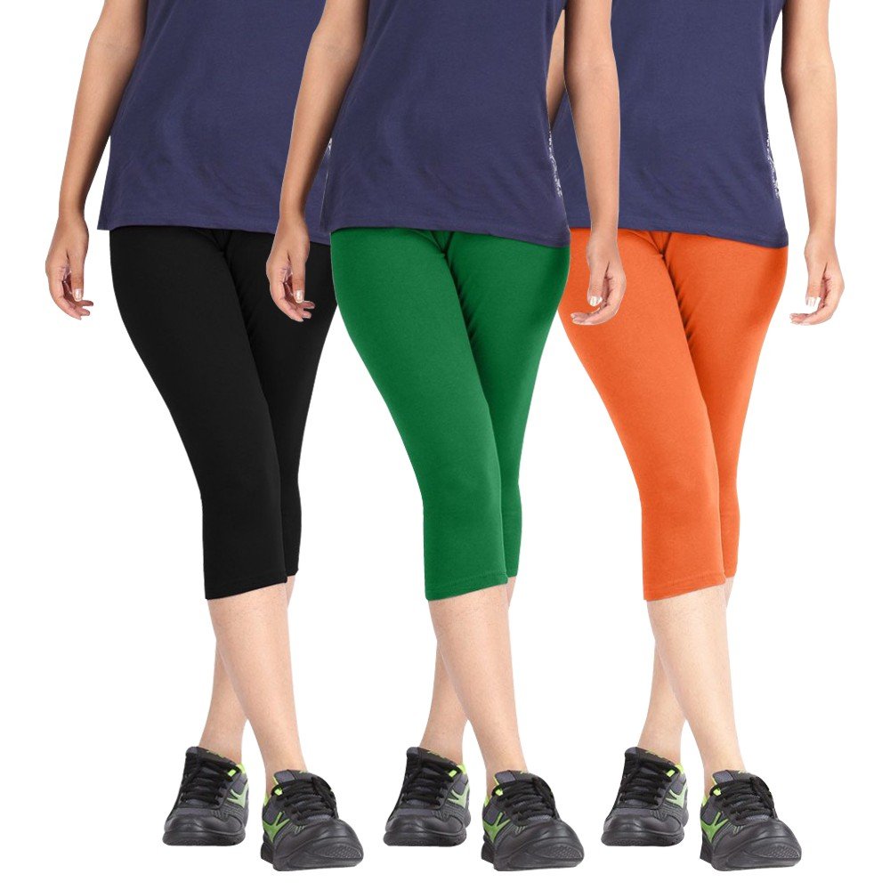 pixie fashion Biowashed Cotton Stretchable Capri Legging Combo Pack of 3 for Women/Girls/Ladies (Black, Green, Orange) - Free Size-picture-25