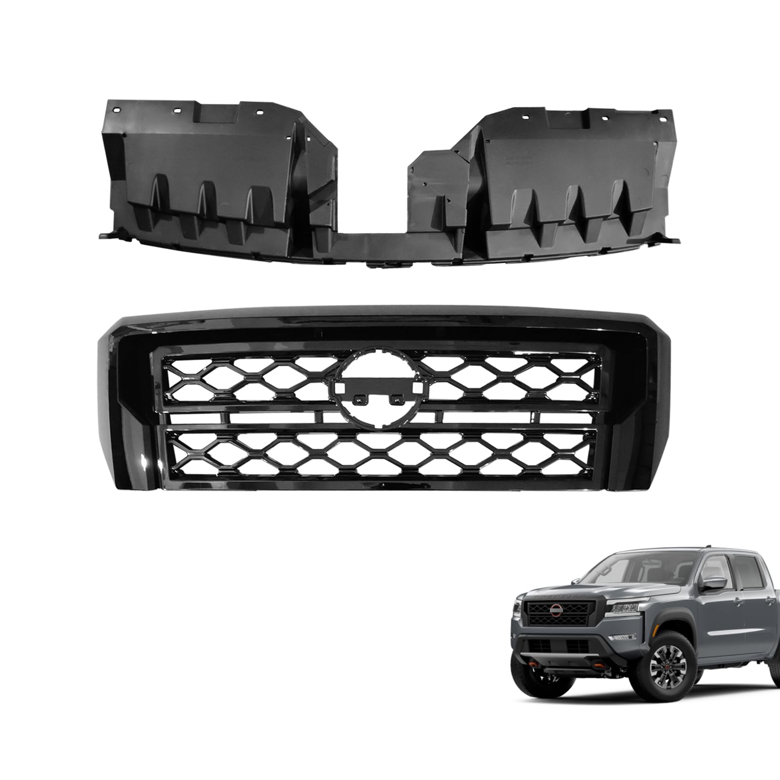 Front Upper Grille Grill Black Compatible with 2022 2023 2024 Nissan Frontier Replacement for 62310-9BU0D Front Bumper Upper Grille