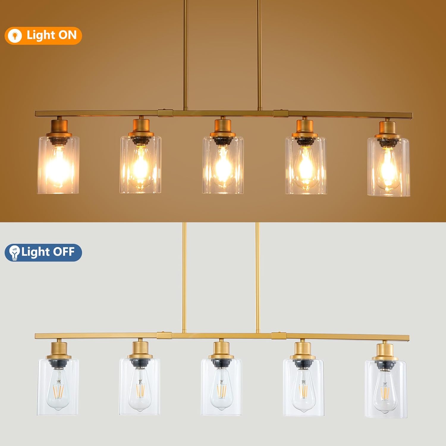 39.4" Kitchen Island Lighting, 5 Lights Clear Glass Pendant Light Fixtue, Golden Linear Metal Chandelier for Dining&Living Room Foyer,Height Adjustable,E26 Socket