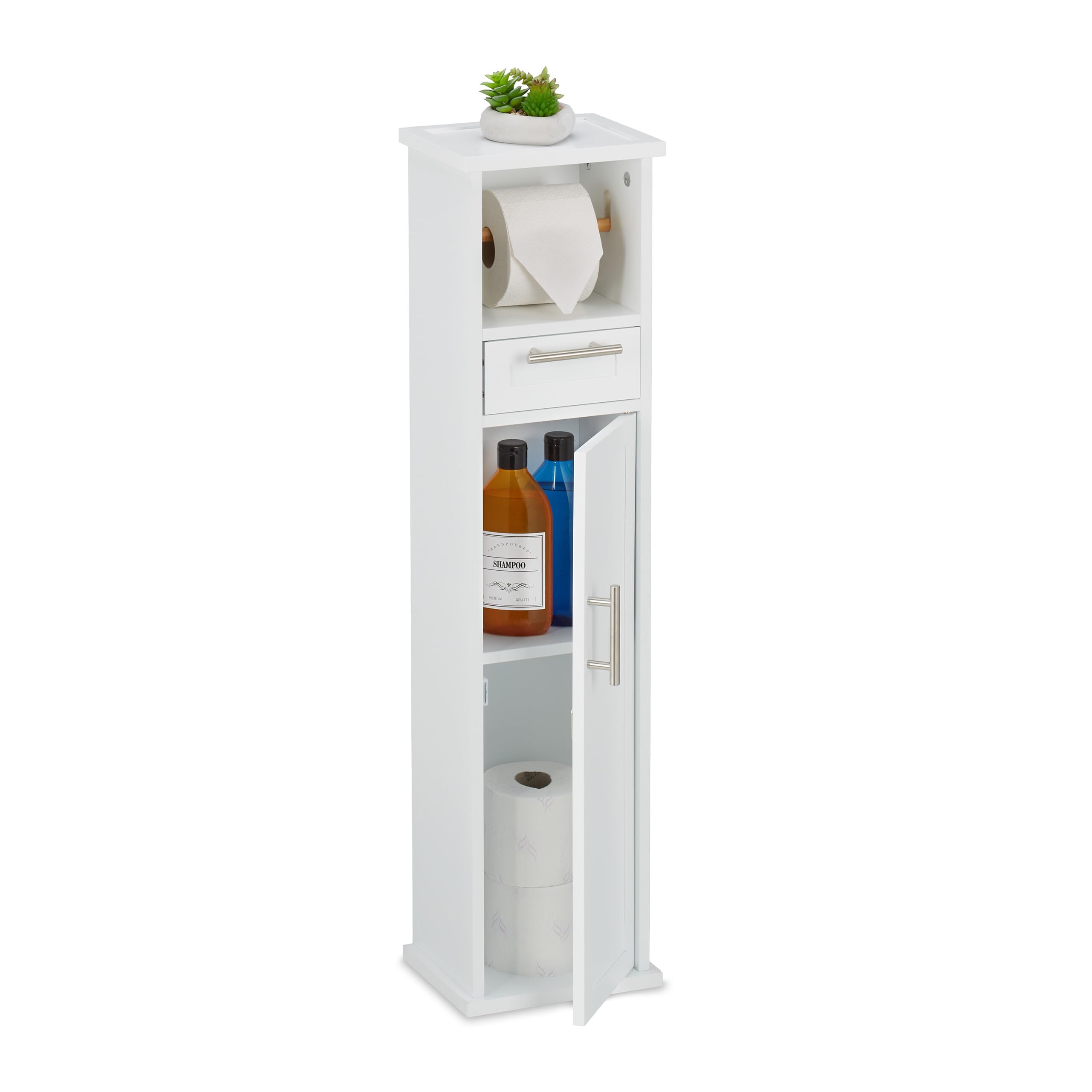 Relaxdays Toilet Paper Holder, Standing, 2 Compartments & Drawer, HWD: 87.5 x 22 x 17.5 cm, Bathroom Shelf, White/Silver