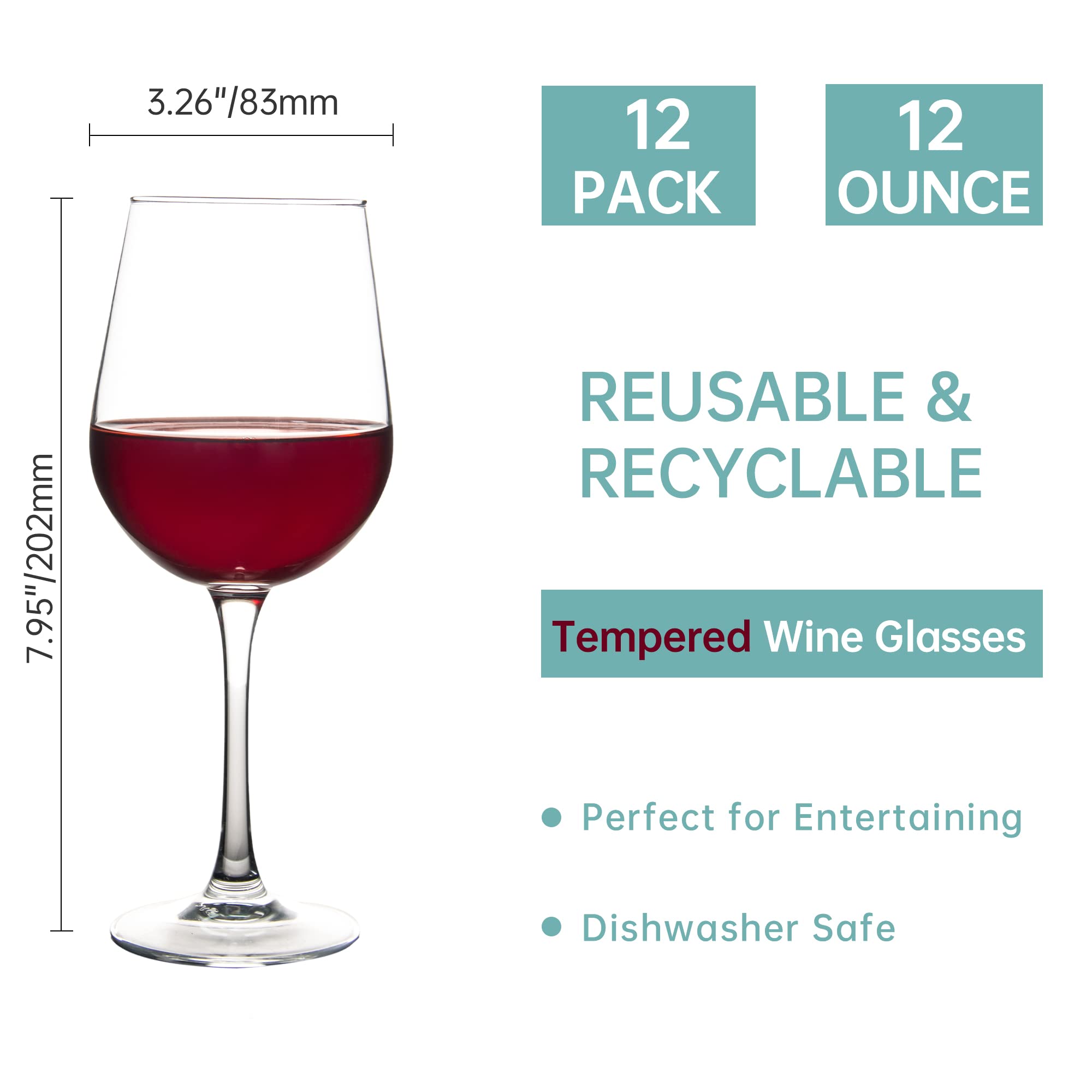 Juego de 12 copas de vino totalmente templadas de 12 onzas, diseño clásico, duraderas y resistentes a los arañazos