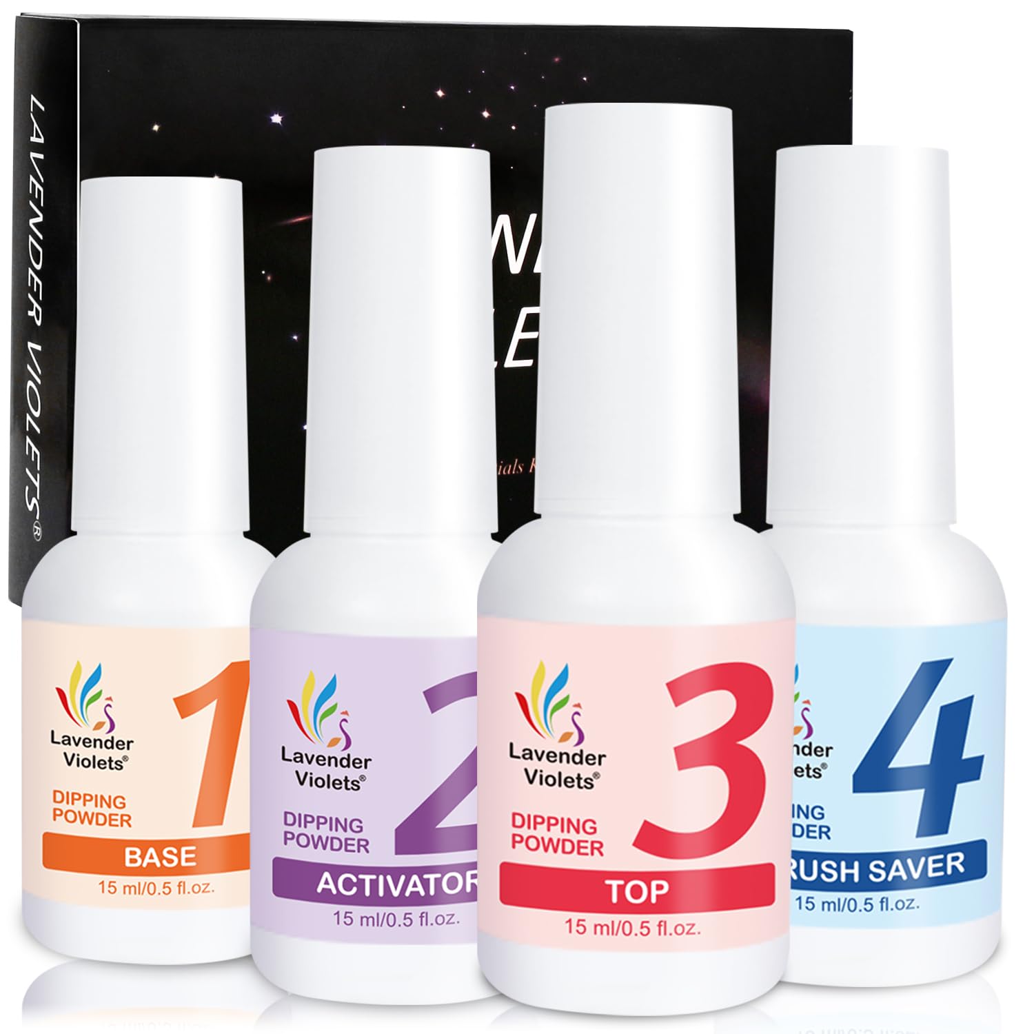 Lavender Violets Dip Powder Liquid Set 15ml/0.5oz Dipping Powder Base Top Coat, Activator, Brush Saver J705B