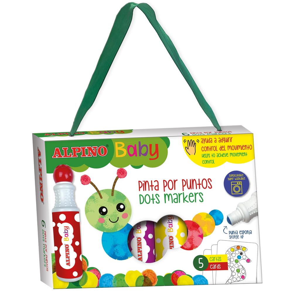 Alpino Baby 6 Rotuladores por puntos | Rotuladores Pinta por puntos para bebés| 6 colores vivos | Contiene 5 cartas de animales para pintar | Punta esponja | Ayuda a adquirir el control del movimiento