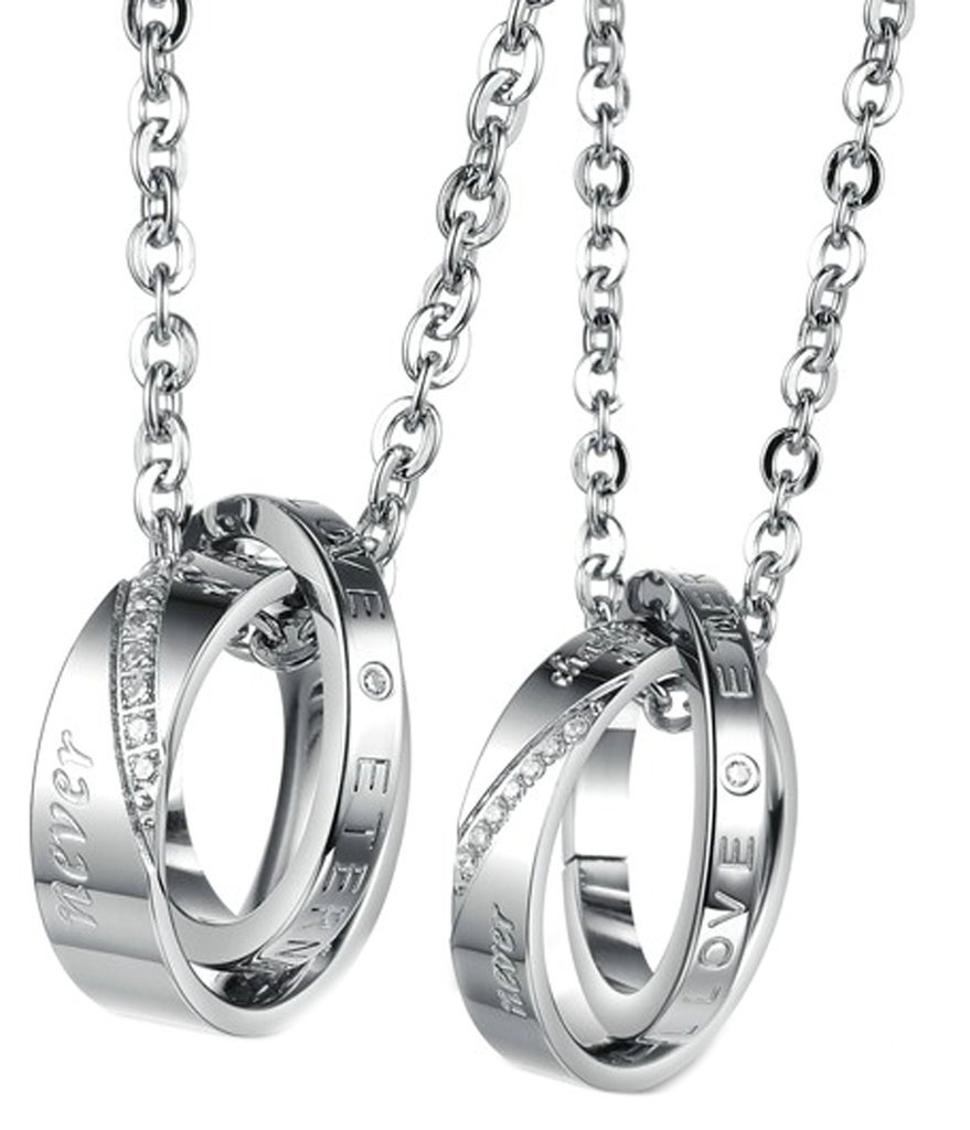 MoAndyHis & Hers Matching Jewelry Stainless Steel Fashion Pendant Necklace Engrave Love Words Inlaid Cubic Zirconia