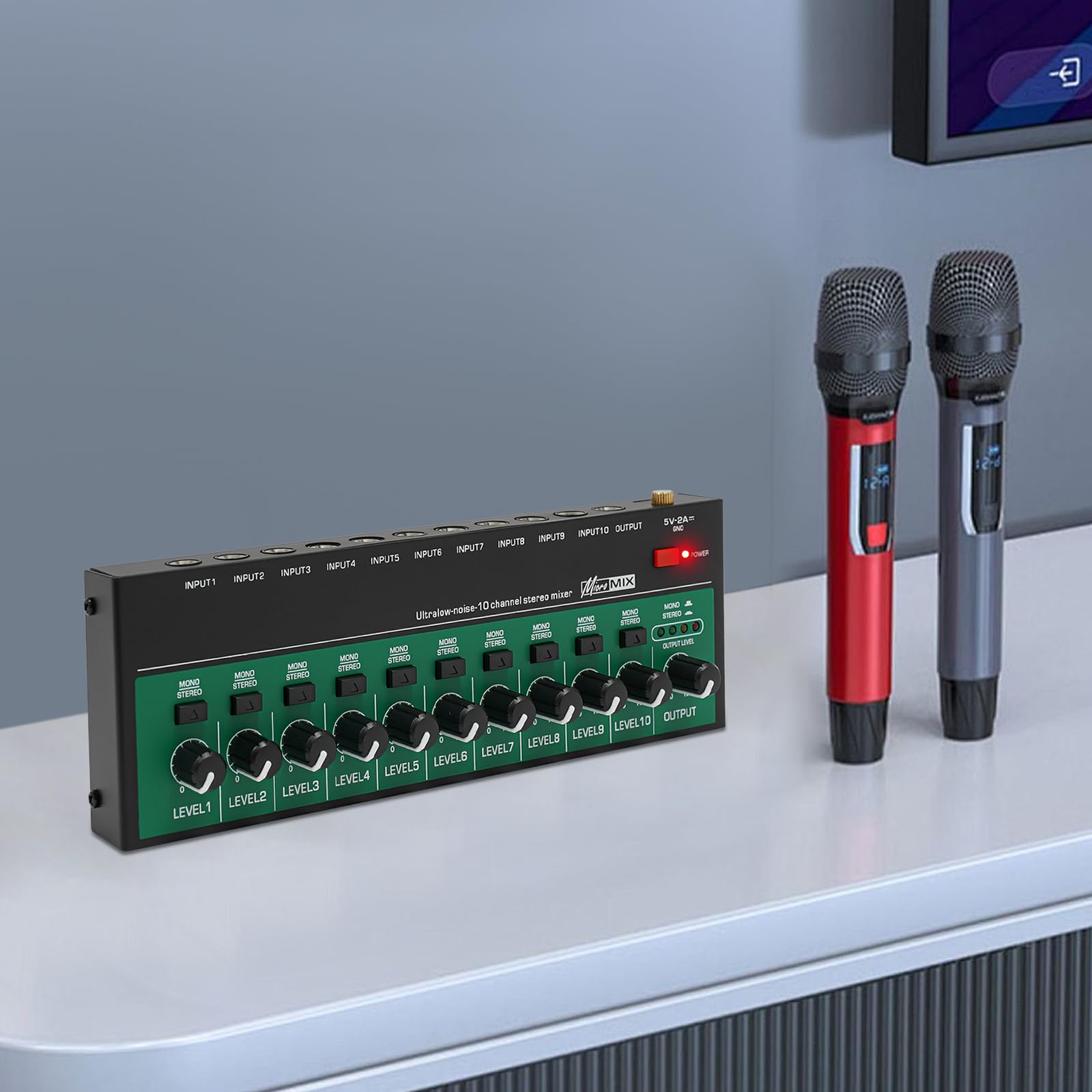 Pattosaey 10 Channel Mixer, 10W Mini 10 Stereo Audio Mixer with 3.28ft USB Cable, 1/4Inch TRS Input/Output, for Bars,Guitars, Bass, Keyboards Mixer, 8.86×0.98×2.95Inch