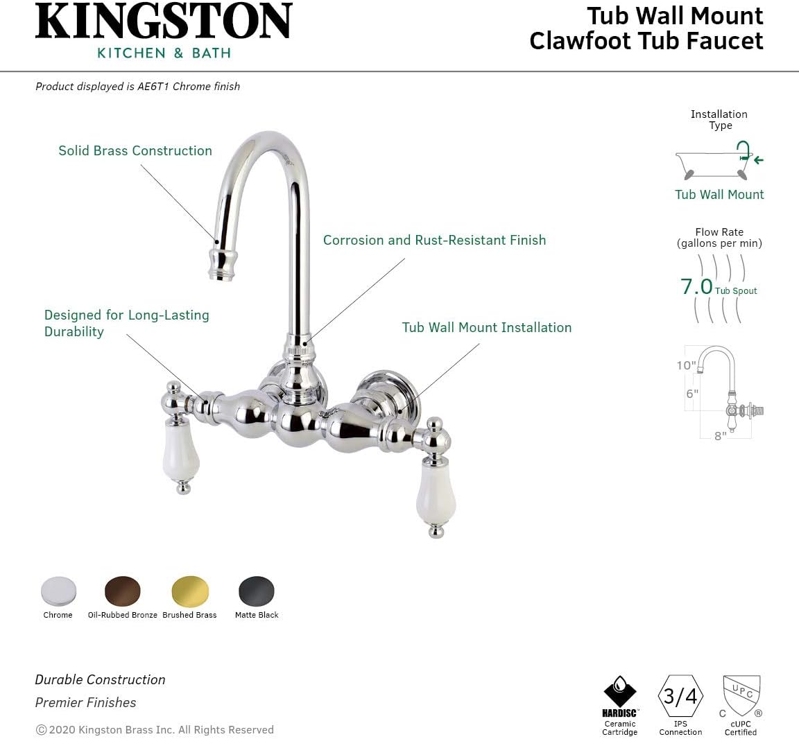 Polished Chrome Vintage Wall Mount Clawfoot Tub Faucet