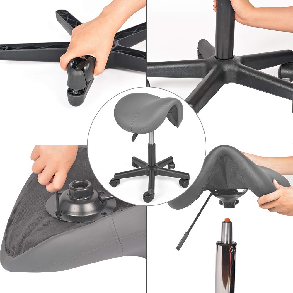 Mingone Taburete de Sillín Ergonómico con Ruedas Taburete de Trabajo Ajustable en Altura Silla de Montar Giratorio 360° para Estudio Oficina, Gris | Asiento acolchado de PU taburete ergonómico, altura ajustable 49,5-65 cm, para salón de belleza, masaje, o