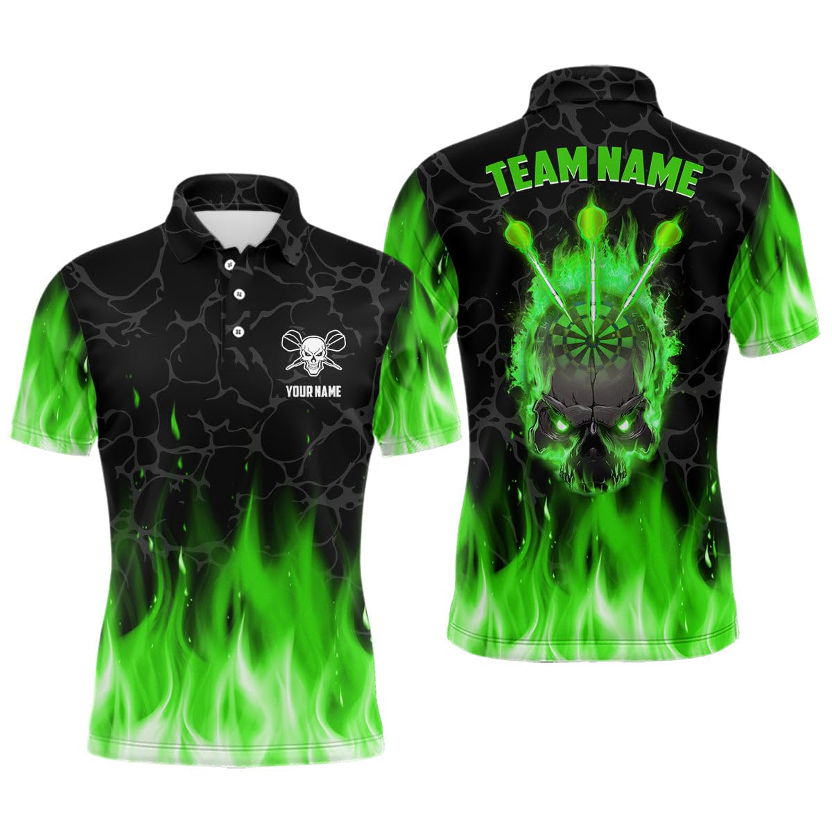 Grünes Flammen-Schädel Herren & Damen Darts-Polos & Quarter-Zip-Shirts – Individuelles, gruseliges Darts-Shirt für Männer & Frauen – Dart-Trikots L1423