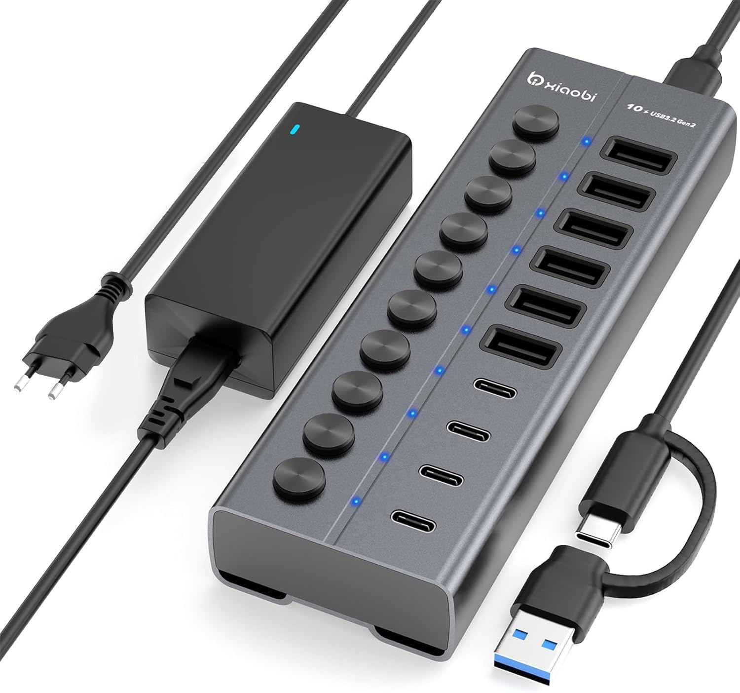 10 Port USB Hub mit Netzteil 60W - 10Gbps USB 3.2 Gen 2 Hub Aktiv aus Aluminium mit 6 USB-A & 4 USB-C Ports Individuelle EIN/Aus Schalter BC1.2 Schnelladung für MacBook, PC, Laptop