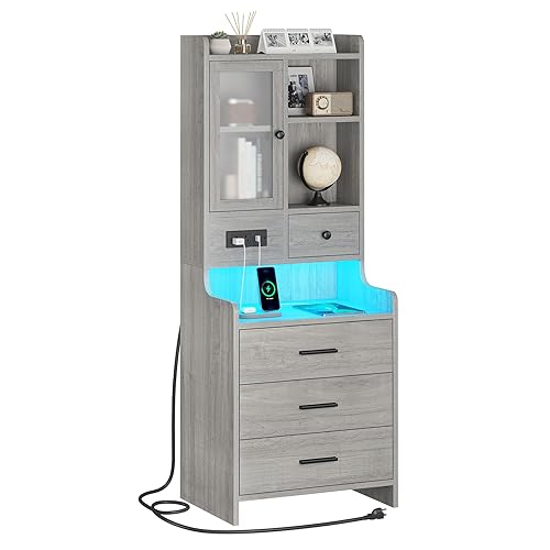 ADORNEVE Tall Night Stand with Charging Station and LED Lights,49.2"