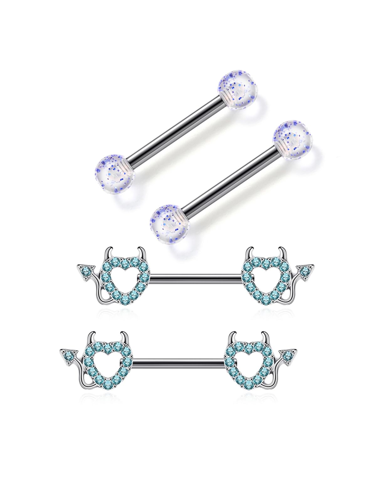PiercingJak 2 Paar Brustwarzenpiercing Chirurgenstahl 14G Nippelpiercing Barbell für Frauen Damen Brustpeircing Bars Nippel Ringe 14mm Körperpiercing Teufel Punk Schmuck