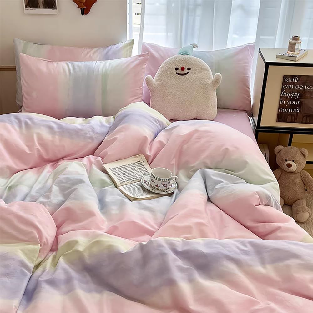 AShanlan Bettwäsche Regenbogen 140x200 Rosa Mädchen Kinder Bunte Bettwäsche-Sets mit Kissenbezug 70x90 cm Microfaser Herzmuster Wende Bettbezug 140 x 200 cm und Reißverschluss