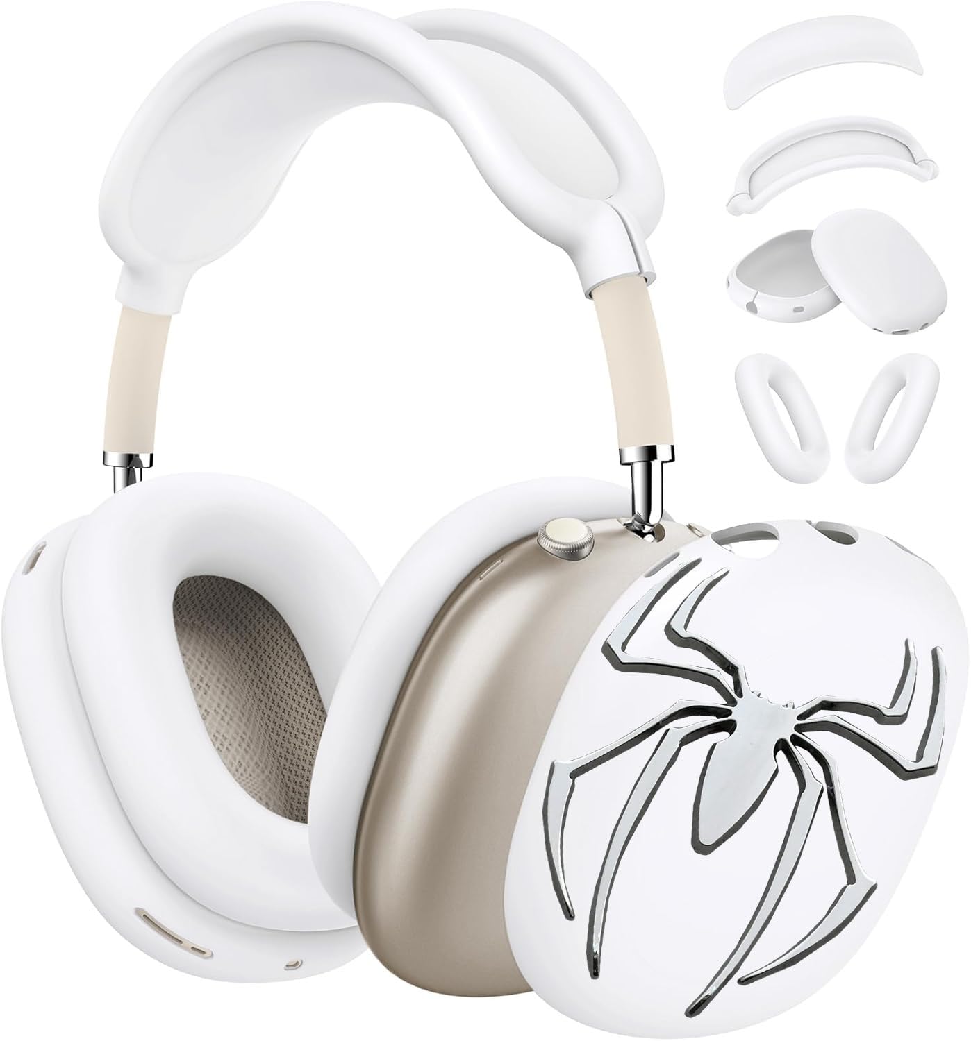 [4 in 1] Case Cover for AirPods Max Headphones (2024/2020) Ear Pad Case Cover/Headband Cover/Ear Cups Cover with 3D Spider Chrome Emblems Badges for