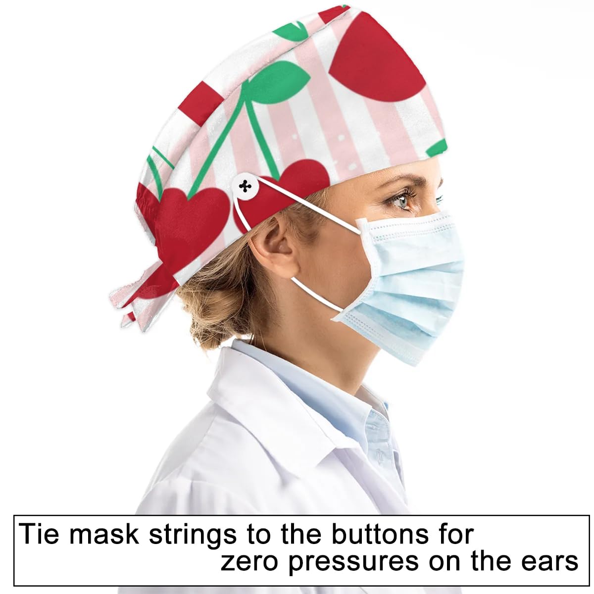 Mularoka Striped Love Cherries Working Caps with Button Sweatband Comfortable Adjustable Bouffant Hats Work Hat for Women Men